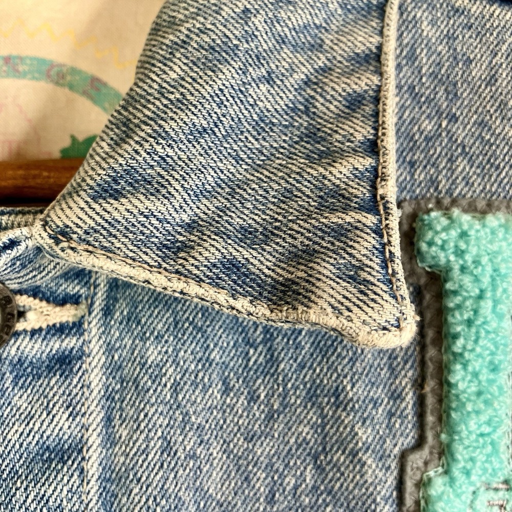 Vintage L.A. Gear Denim Jacket Cropped 80s 90s Logo Patch Teal Pink Y2K Style M - Picture 6 of 16